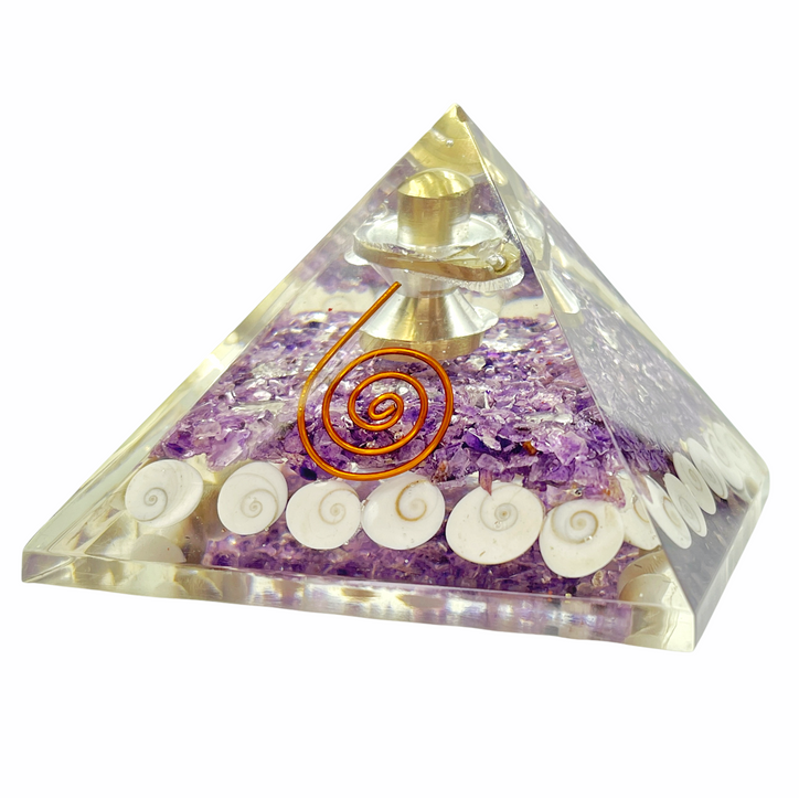 Amethyst Shliving Orgone (Orgonite) Pyramid with Natural Healing Gomati Chakra Stones | For Health, Wealth, Prosperity