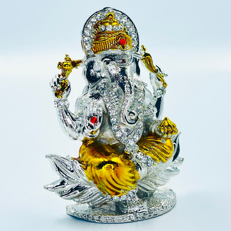 Car Dashboard Idol Collection (Silver Ganesha Seated on Lotus - Silver & Gold)