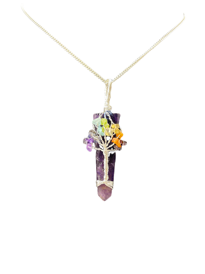 Seven Chakra Tree of Life wrapped on Amethyst Gemstone Pendant