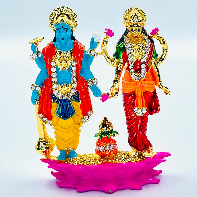 Vishnu Lakshmi Laxmi on Lotus Car Dashboard Idol (Double Sided Tape Included) | Hindu God Statue Murti | For Indian Decoration, Puja in Temple (Mandir) or Gift on Diwali & SatyaNarayana Pooja
