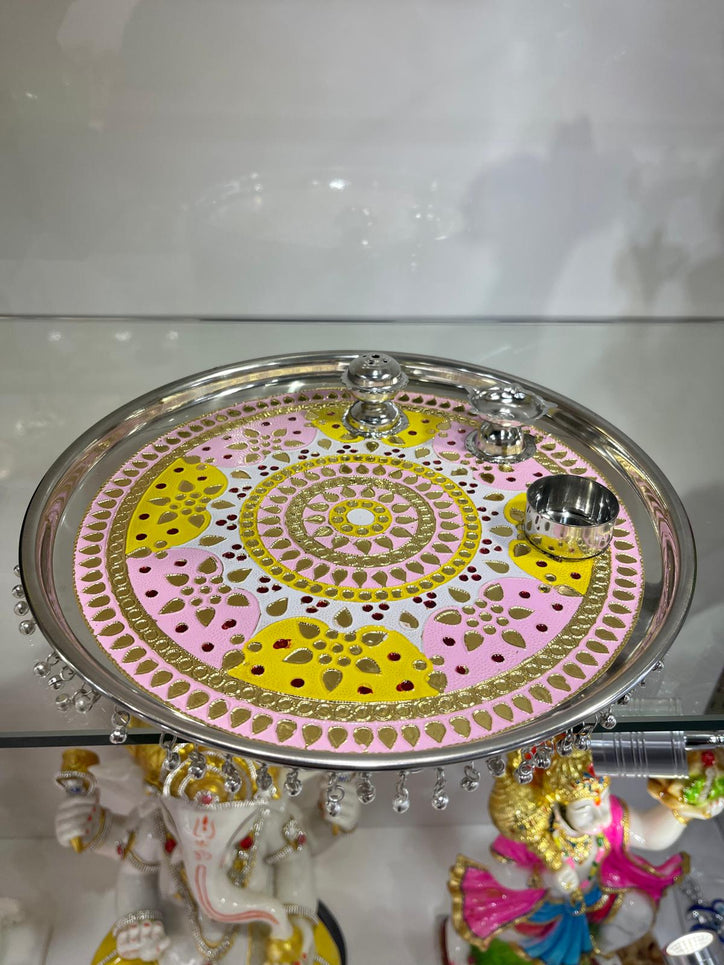 Pink Puja Thali with Ghungaroo (Steel Tray)