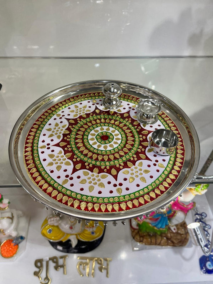 Red Puja Thali with Ghungaroo (Steel Tray)