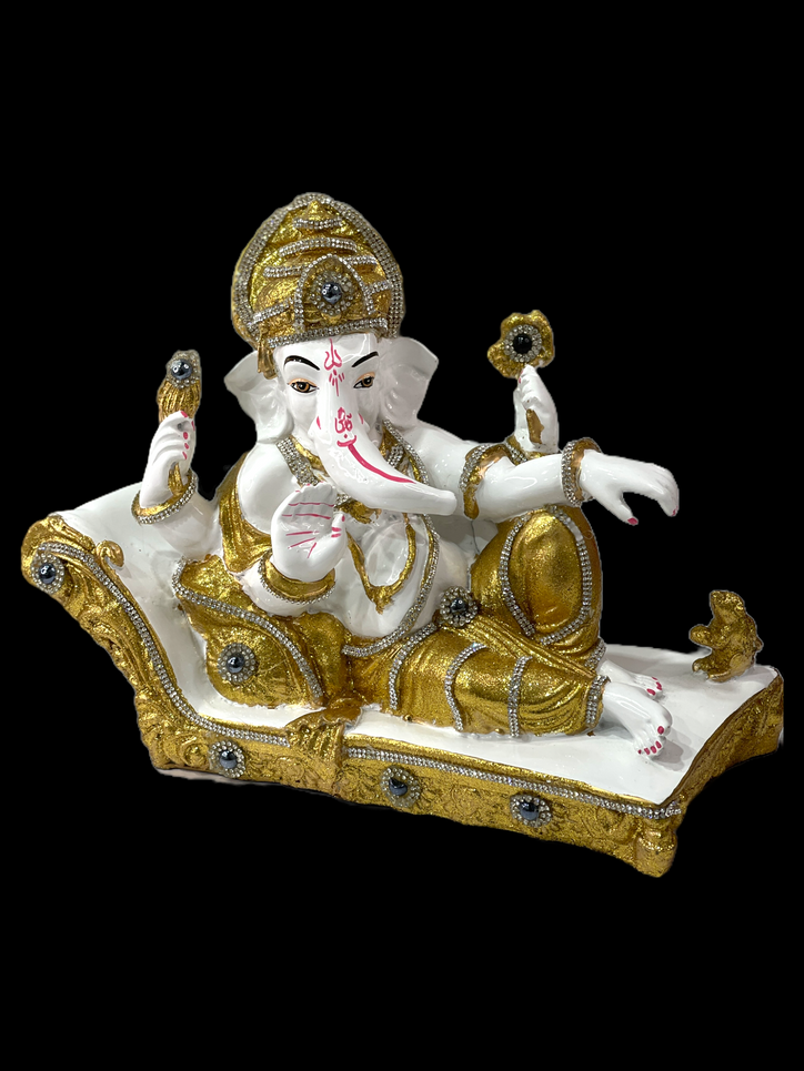 White & Gold Jeweled Sri Ganesh ji Laying