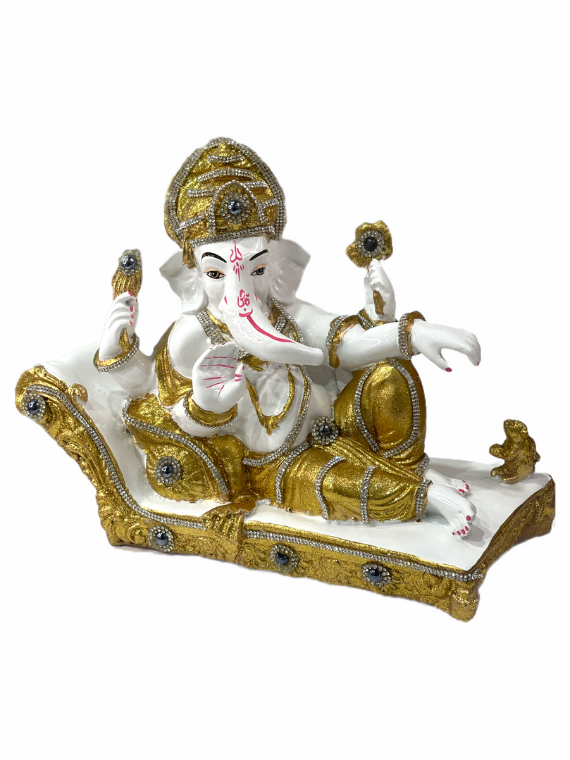 White & Gold Jeweled Sri Ganesh ji Laying