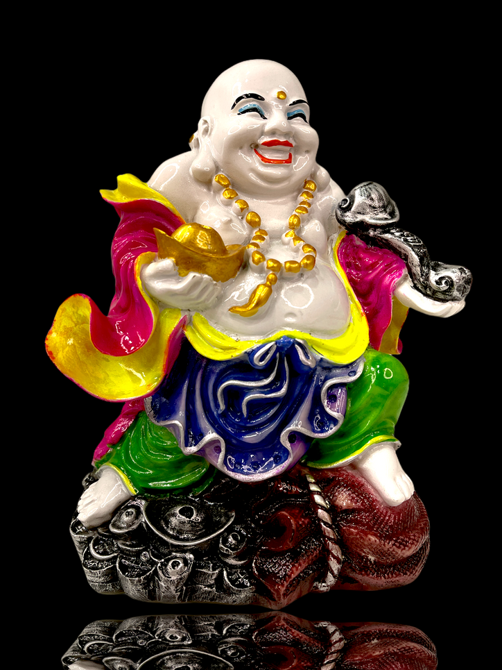 Colourful Laughing Buddha holding Ingot