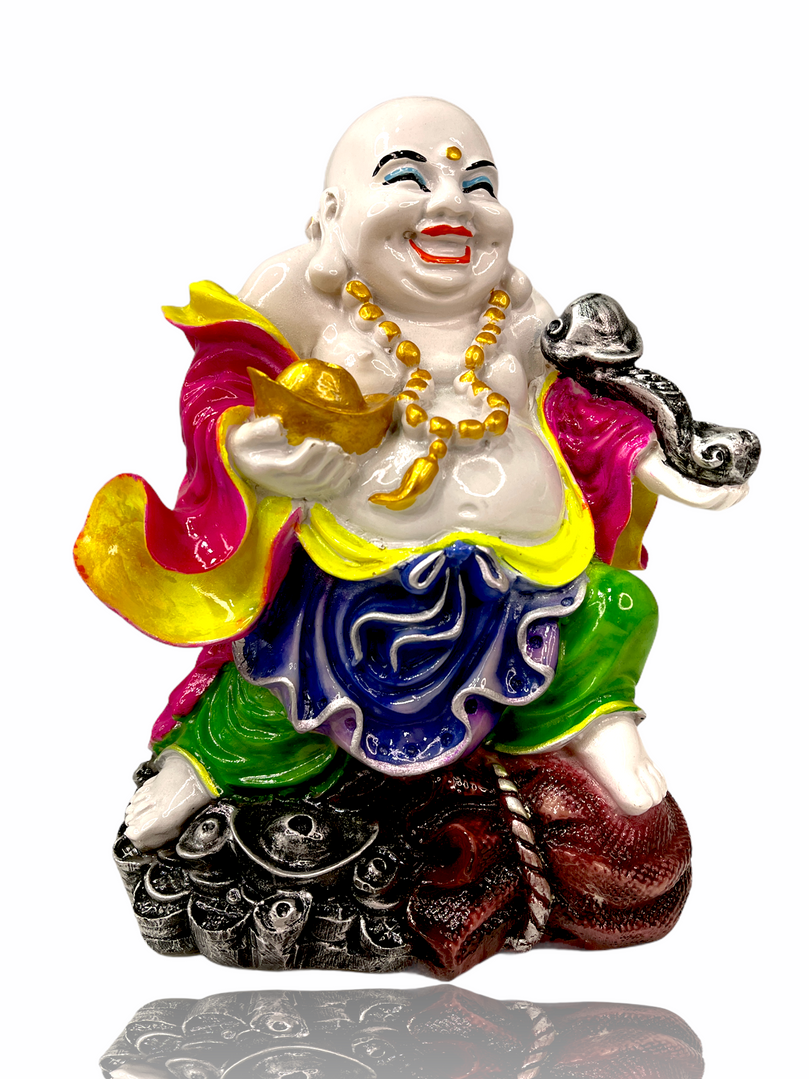 Colourful Laughing Buddha holding Ingot