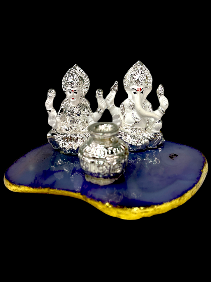 Sri Ganesh ji & Lakshmi Maa with Kalish Silver Plated on Blue Stone Gift
