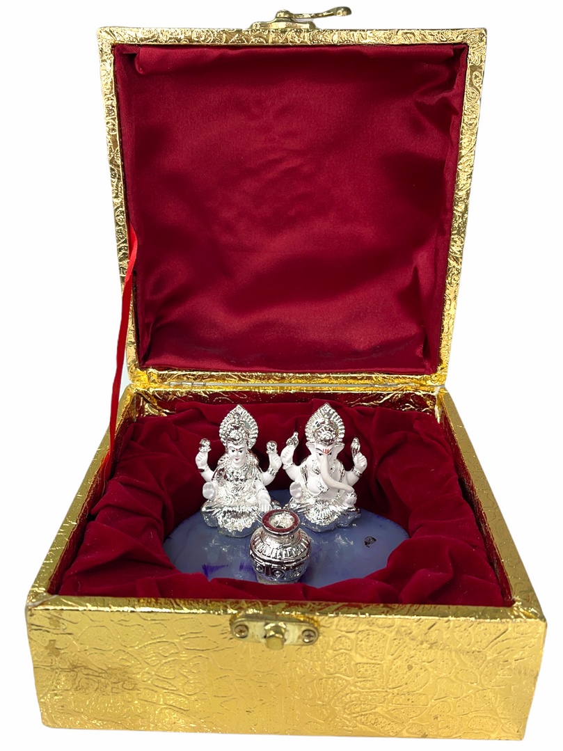 Sri Ganesh ji & Lakshmi Maa with Kalish Silver Plated on Blue Stone Gift