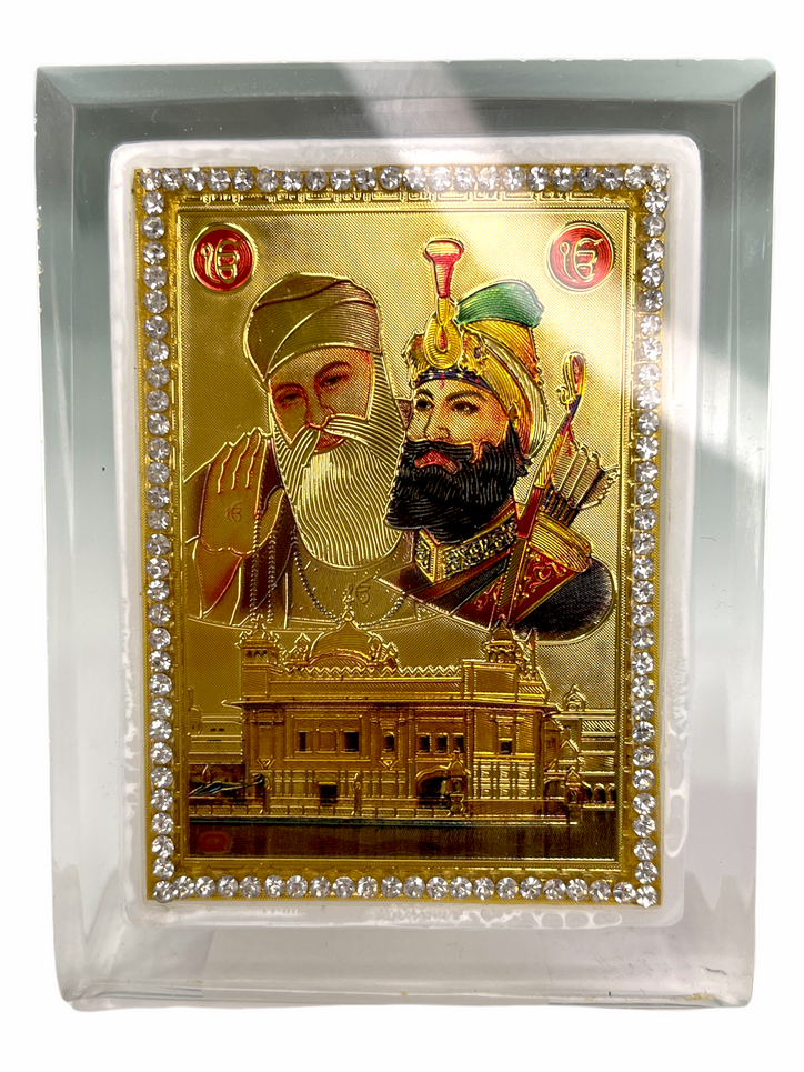 Gold and crystal studded Guru Nanak Dev Ji, guru gobind singh ji & golden temple