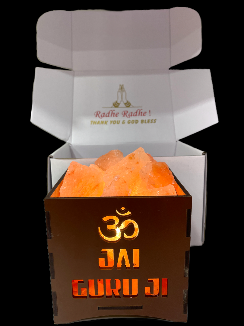 Jai Guru Ji Natural Himalayan Pink Rock Salt Lamp | (6” x 6” x 6”) | Spiritual Gift for Special Ocassion, Christmas, and Birthdays | Boost Mood, Improve Sleep, Breathe Better, Calm Allergies | Bedroom Night Light | Handcrafted Wood Frame, 2.0kg Salt