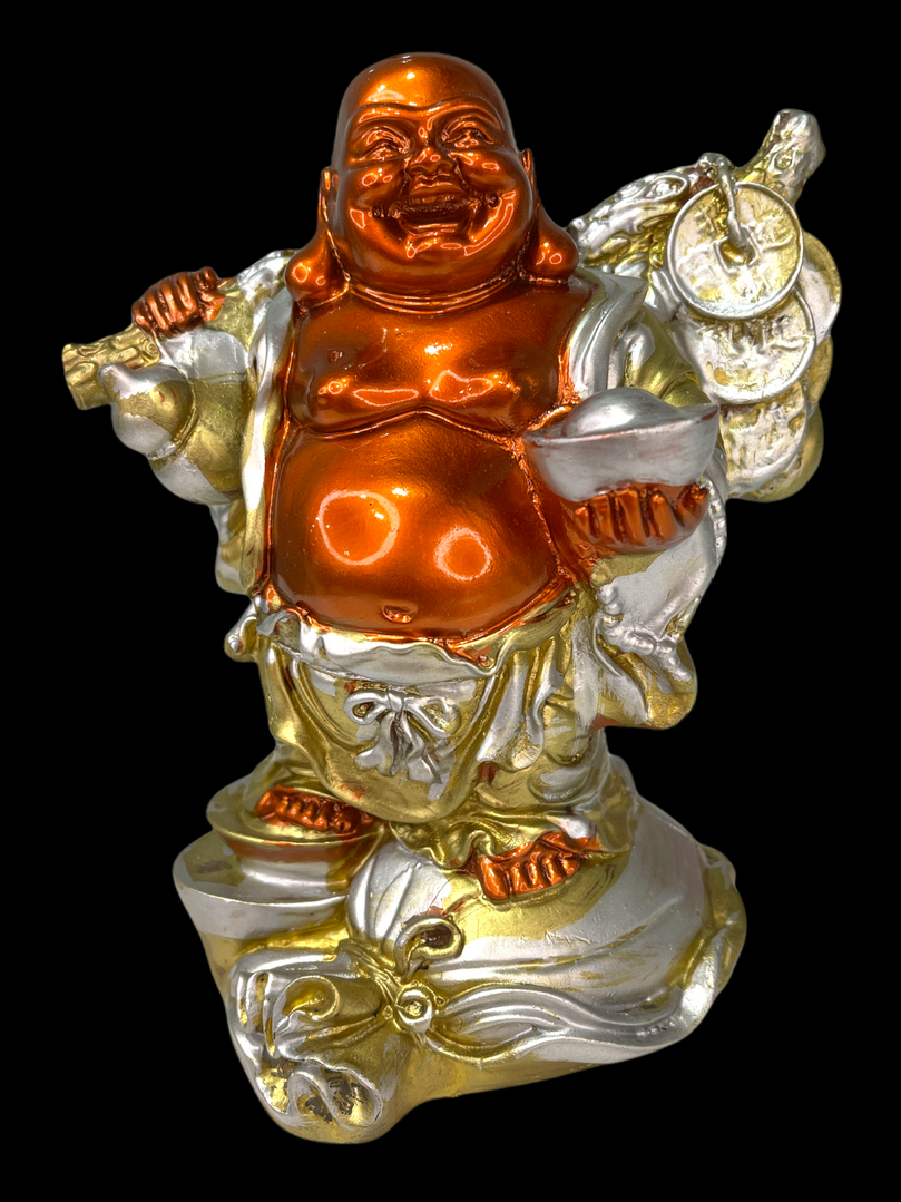 Red, Gold & Silver Laughing Buddha with Coins & Ingot