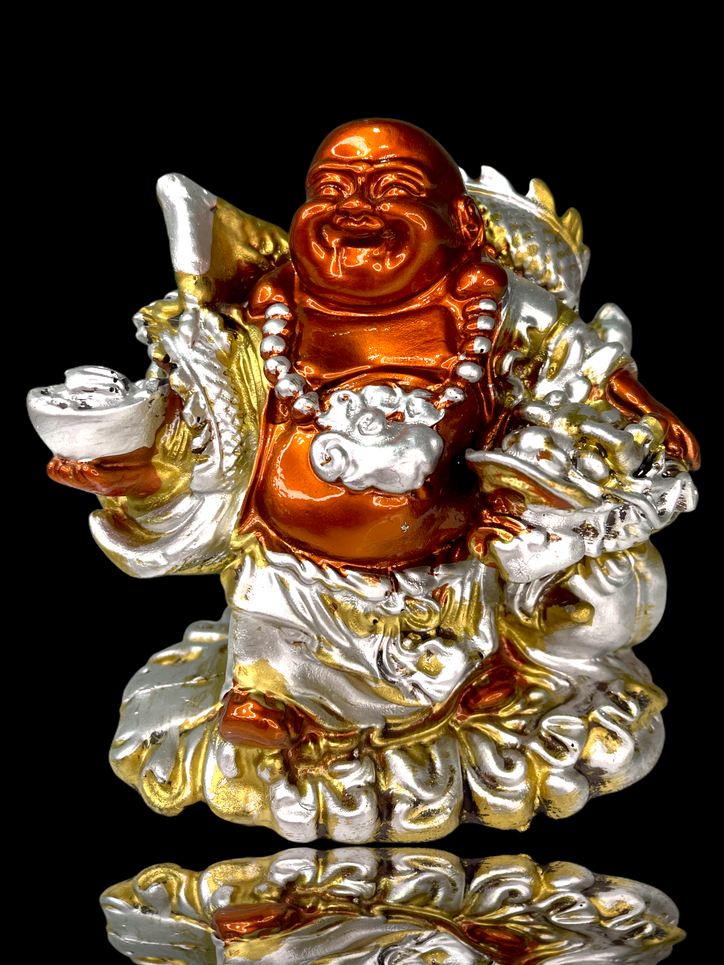 Red, Gold & silver Laughing Buddha with Dragon & Ingot