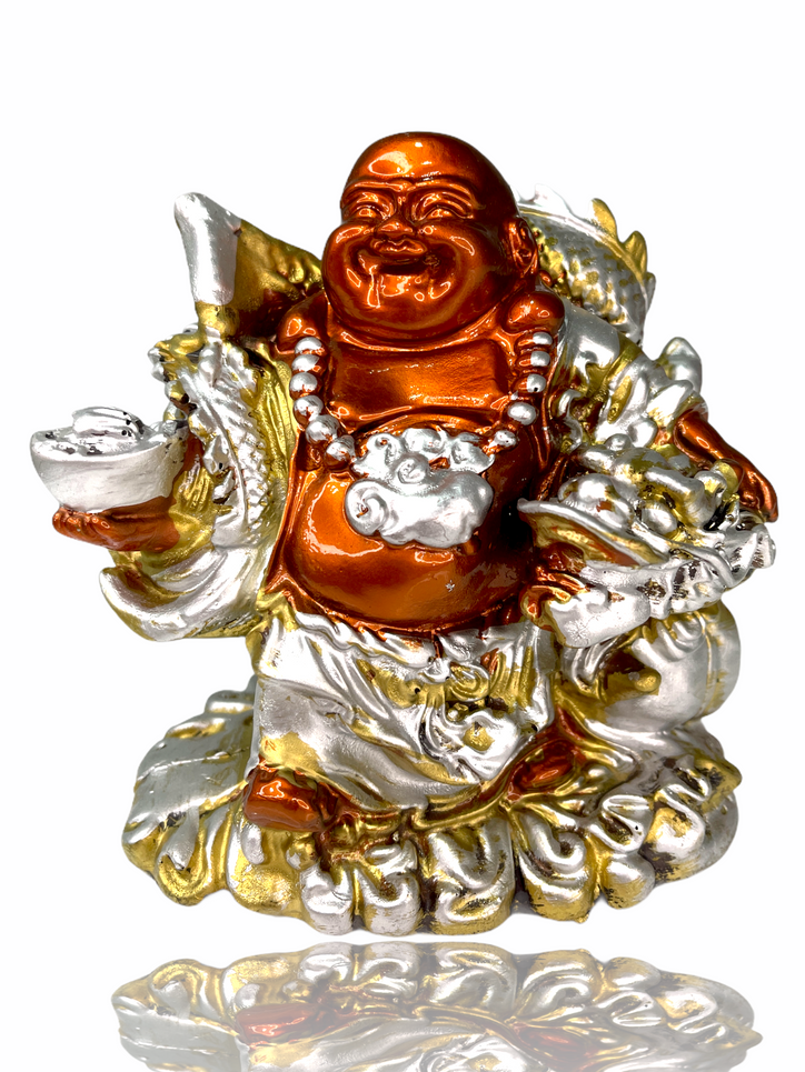 Red, Gold & silver Laughing Buddha with Dragon & Ingot
