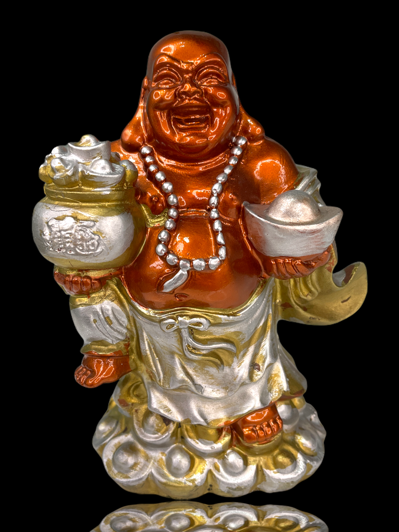Red, Gold & Silver Laughing Buddha with Many Ingots