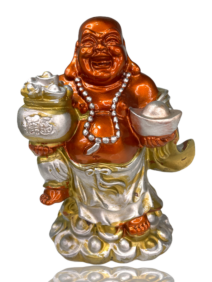 Red, Gold & Silver Laughing Buddha with Many Ingots