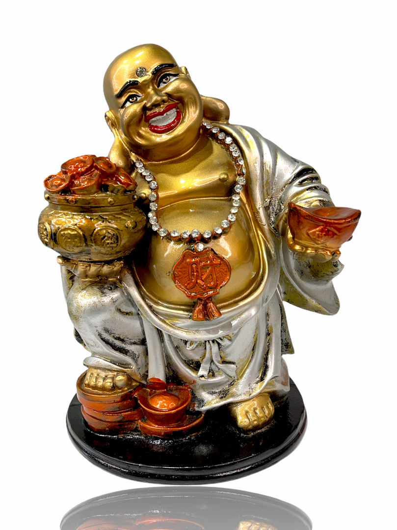 crystal studded laughing buddha holding many ingots